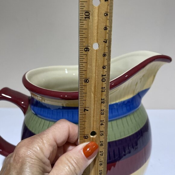 Longaberger Hand Painted Striped Pitcher Bright Multi Color Stripe Large 2 Quart - Picture 11 of 13